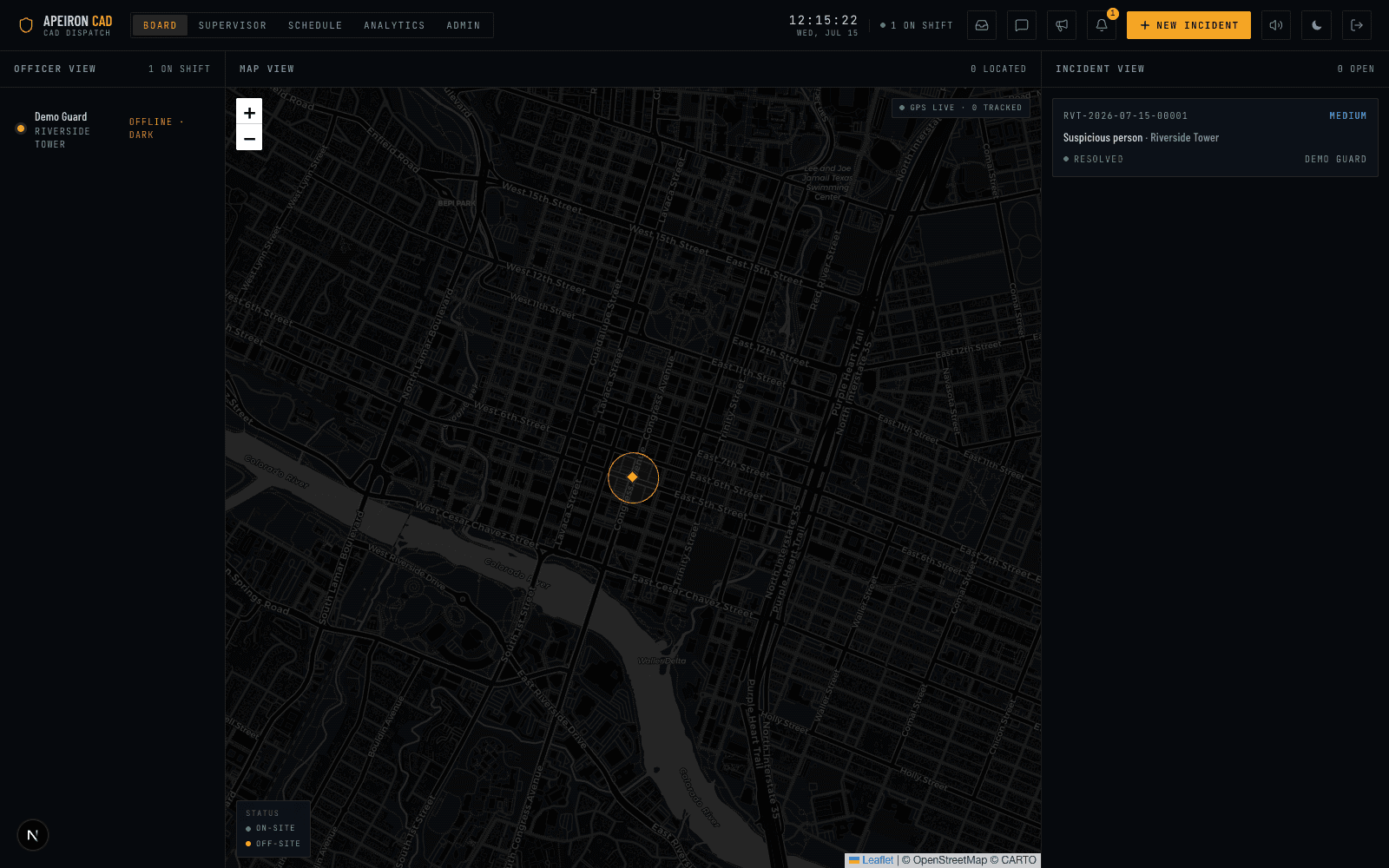 Apeiron CAD live dispatcher board with real-time map and officer status