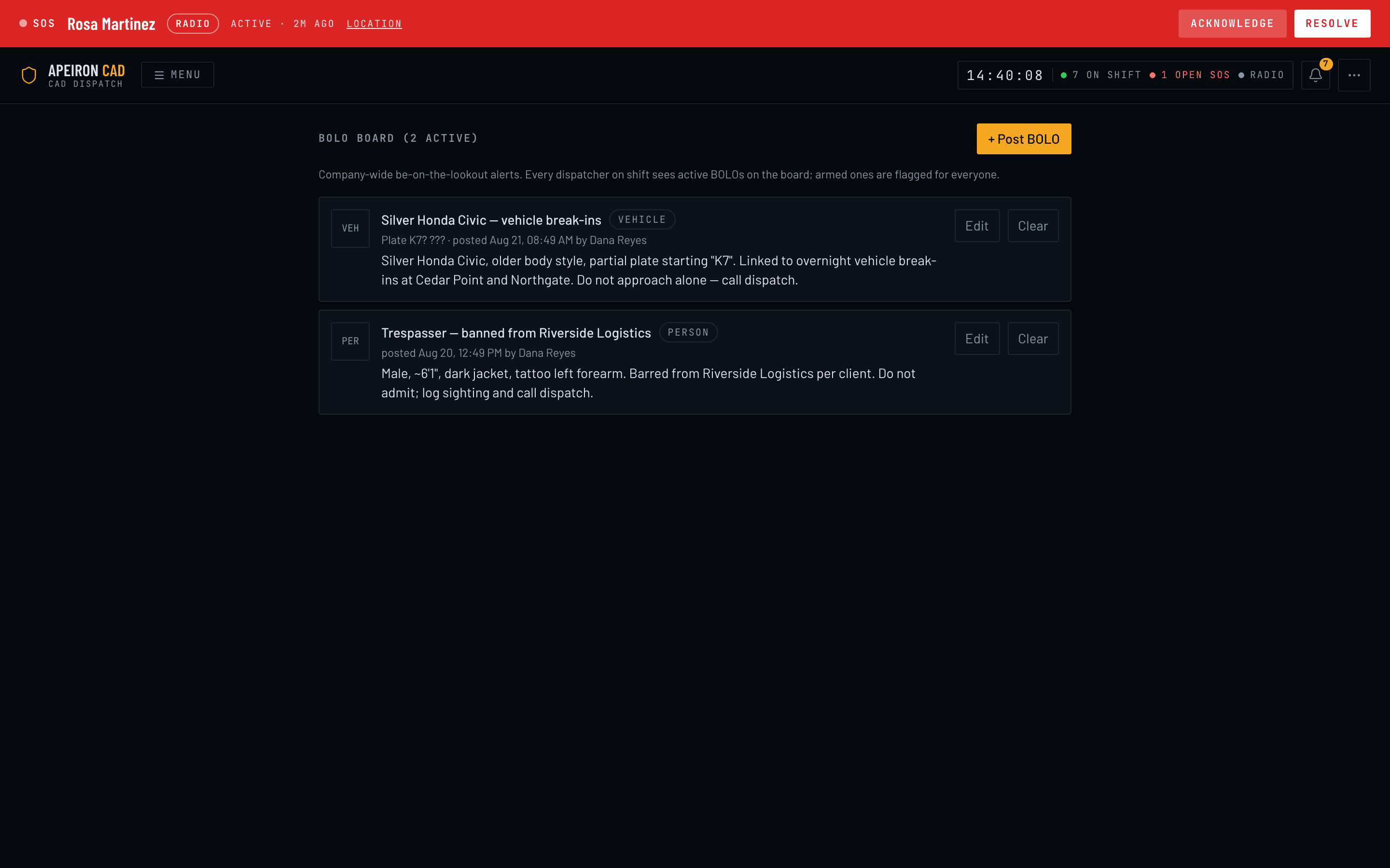 The BOLO board: company-wide be-on-the-lookout alerts for a vehicle and a person