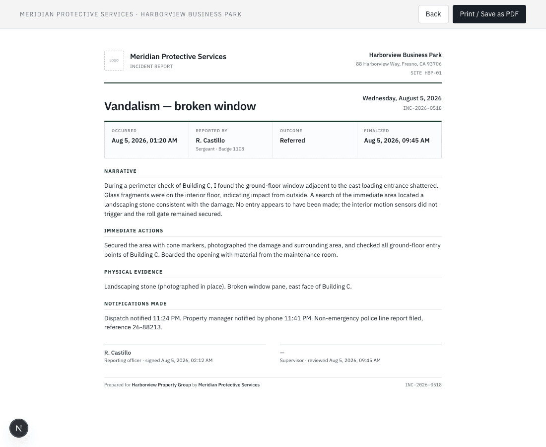 Incident report on Meridian Protective Services letterhead with narrative and signature blocks