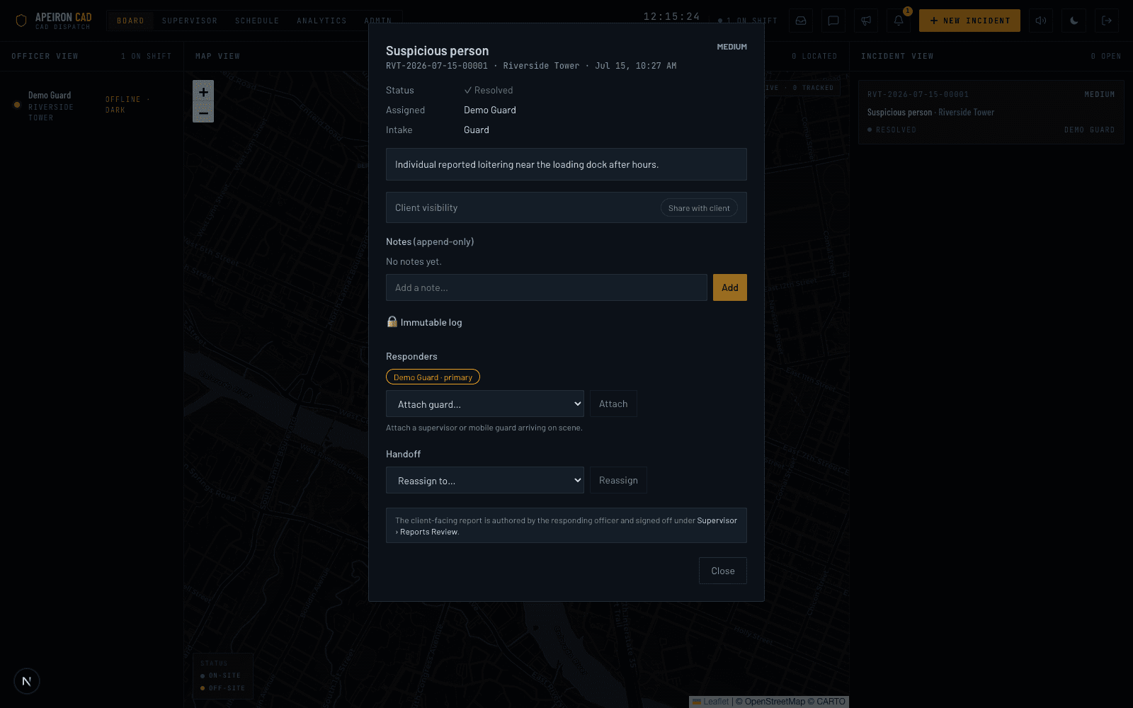 Incident detail panel with notes, responders, and client visibility toggle