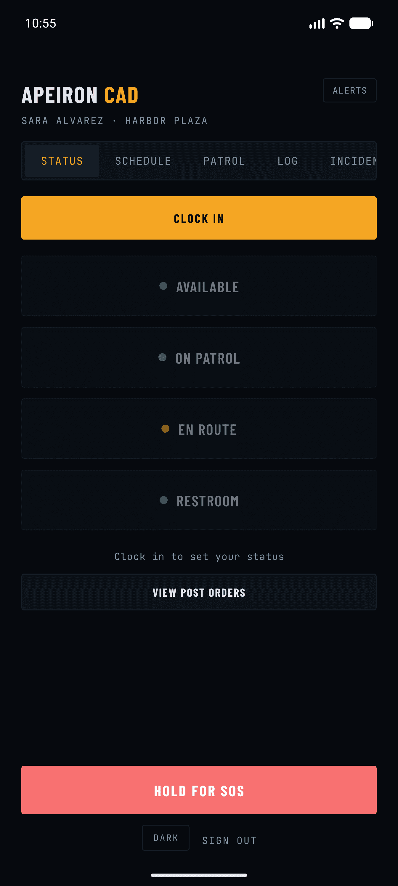 Guard app status screen with clock-in and silent SOS