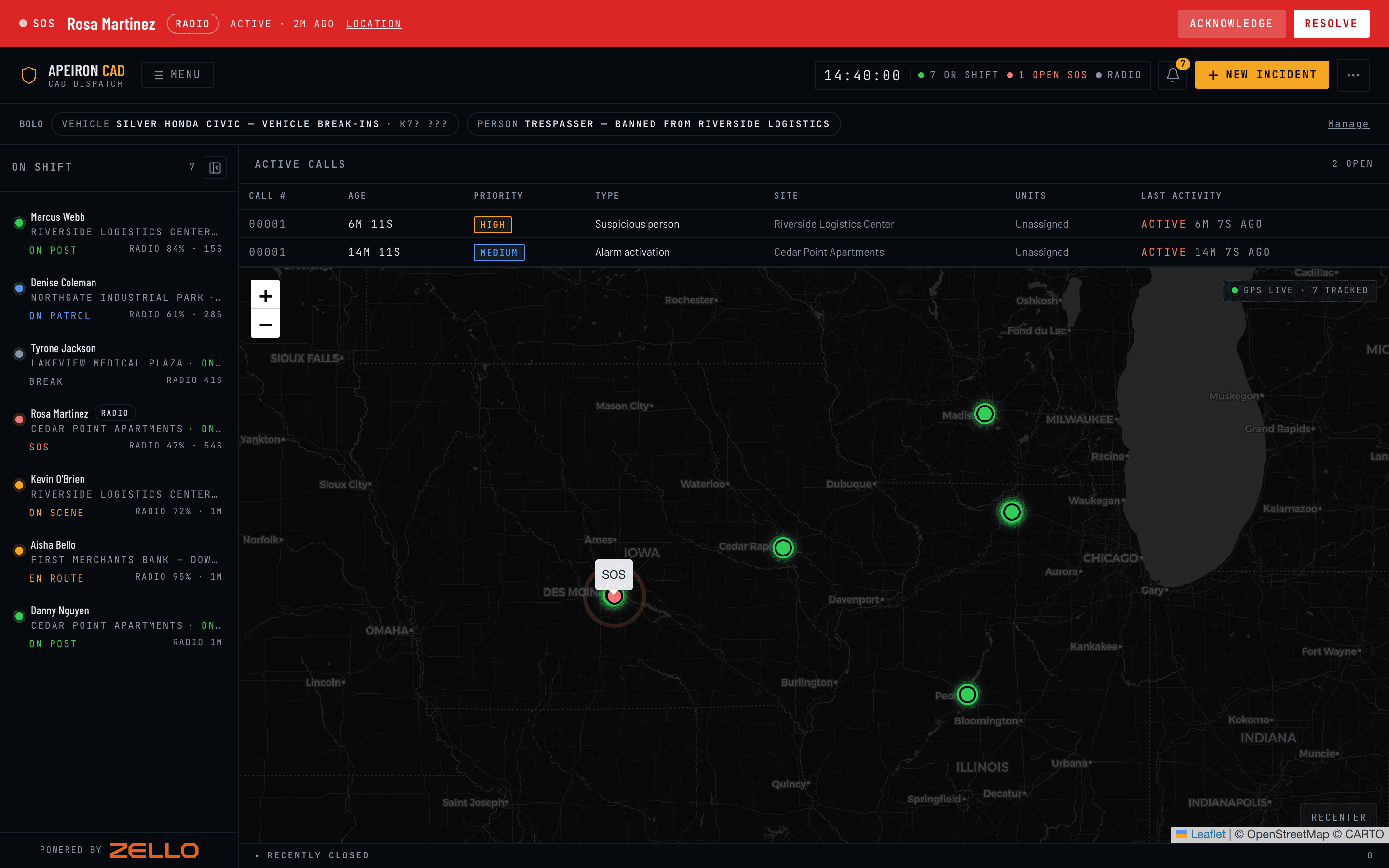 The Apeiron CAD dispatch board: SOS banner, active-calls table, live map, and a roster rail showing each guard's radio presence, powered by Zello