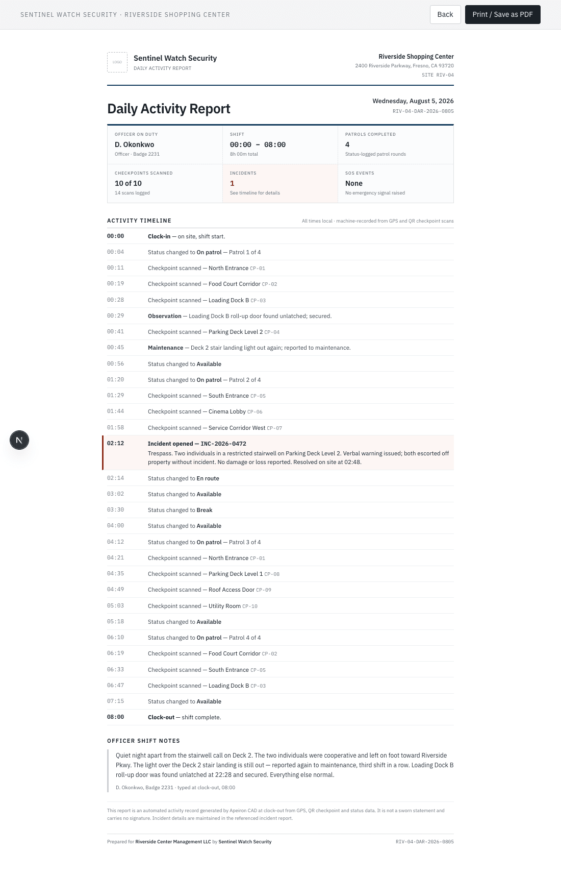 A daily activity report generated by Apeiron CAD on a security company's letterhead